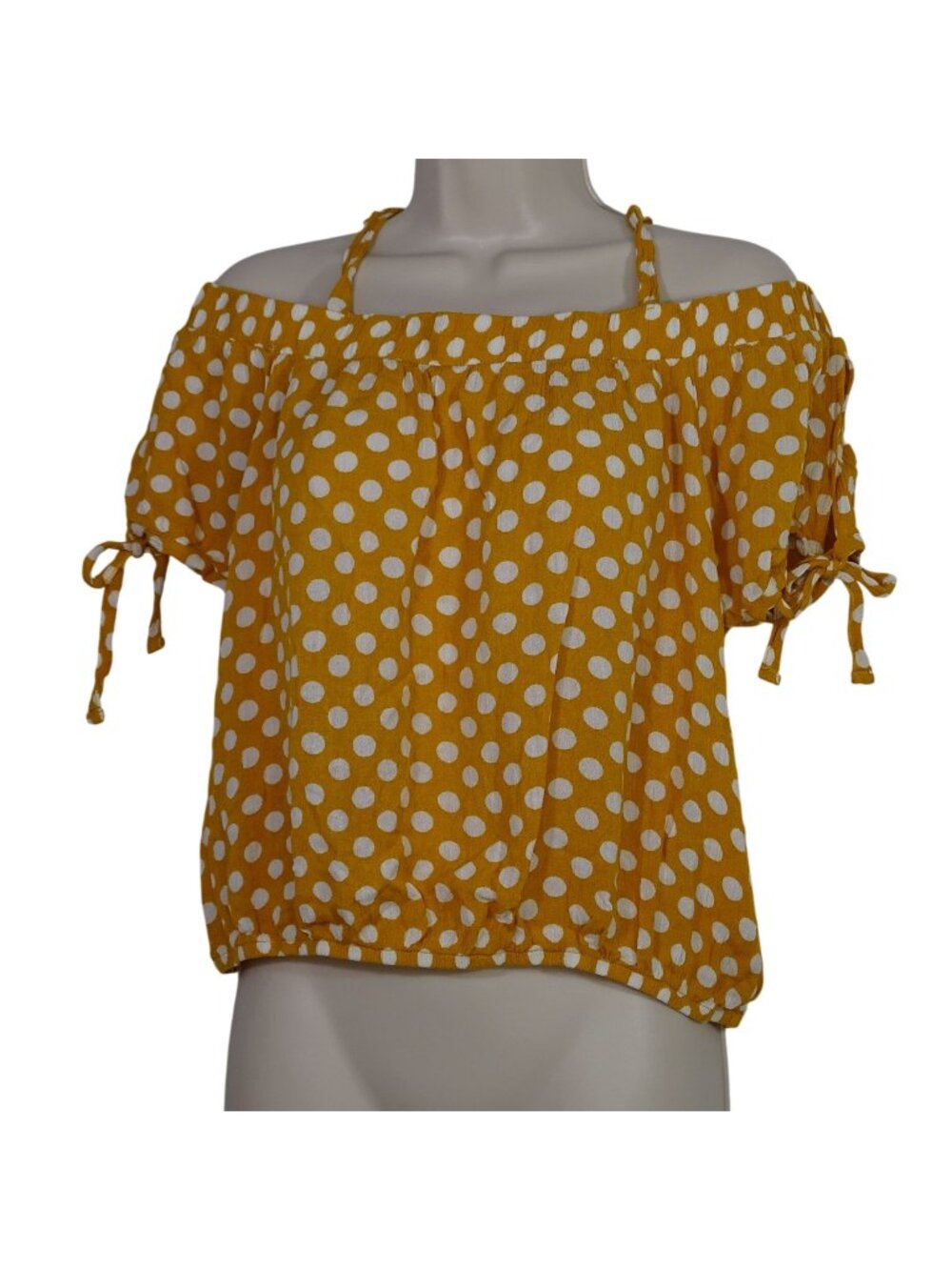 Almost Famous Yellow Gold Polka Dot Off-Shoulder Crop Top Blouse Women Size L